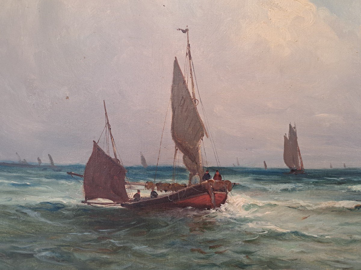 Dartimont, Sailboats Returning To Port, Oil On Canvas, 20th Century. -photo-4