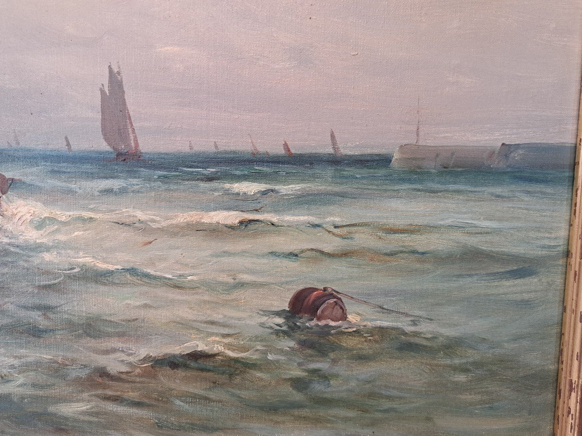 Dartimont, Sailboats Returning To Port, Oil On Canvas, 20th Century. -photo-1