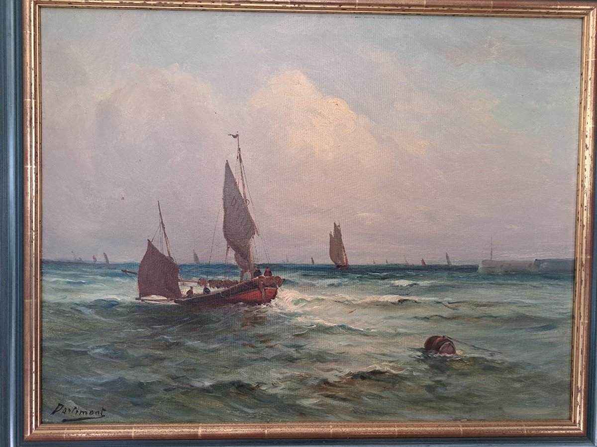 Dartimont, Sailboats Returning To Port, Oil On Canvas, 20th Century. -photo-3