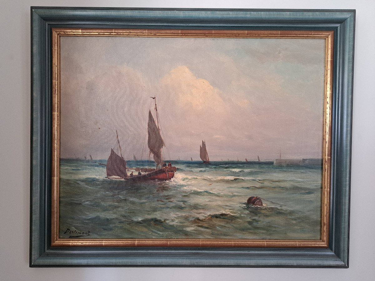 Dartimont, Sailboats Returning To Port, Oil On Canvas, 20th Century. 