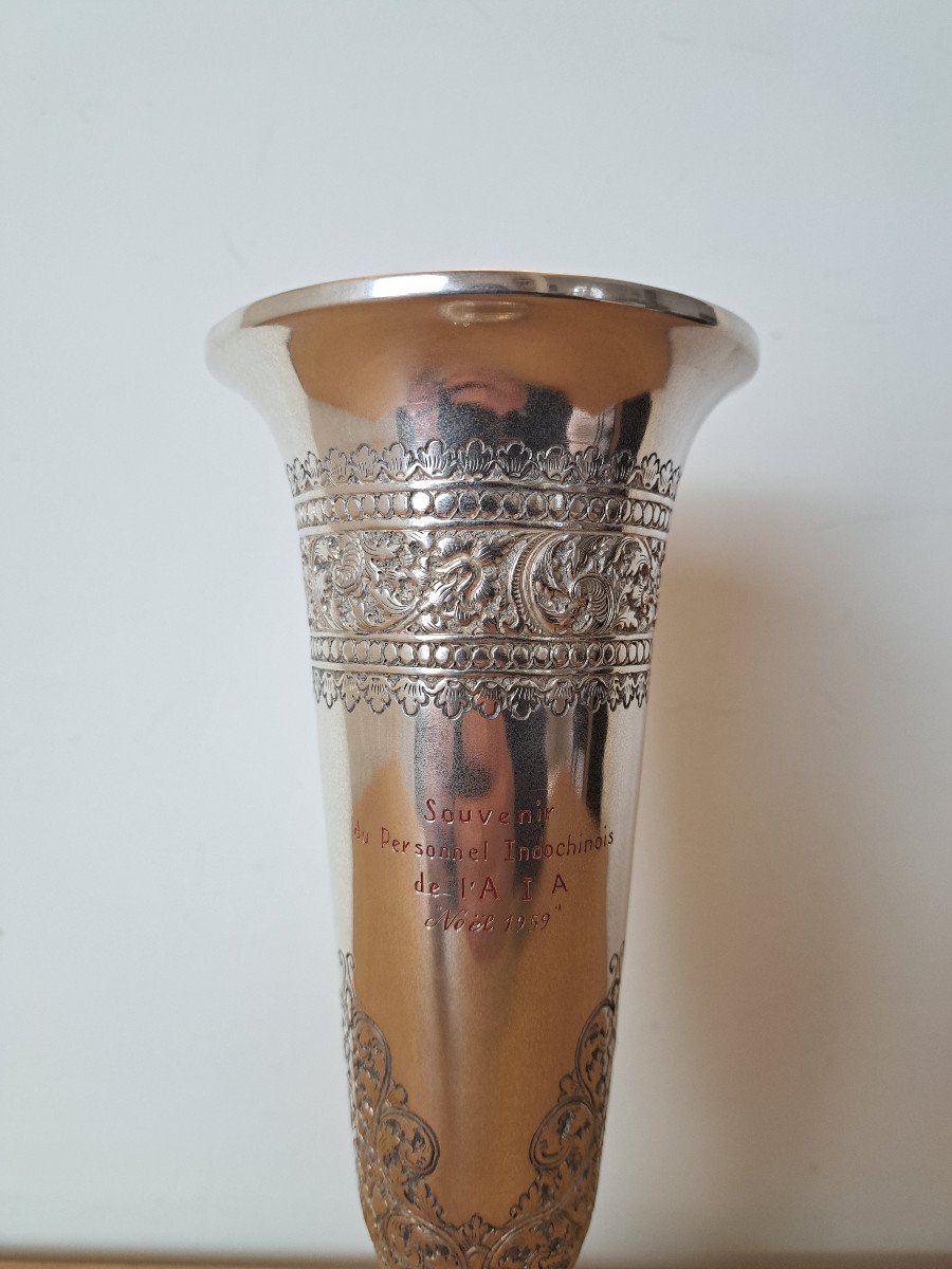 Indochina, Large Trumpet Vase, Sterling Silver, 850, XX°. -photo-4