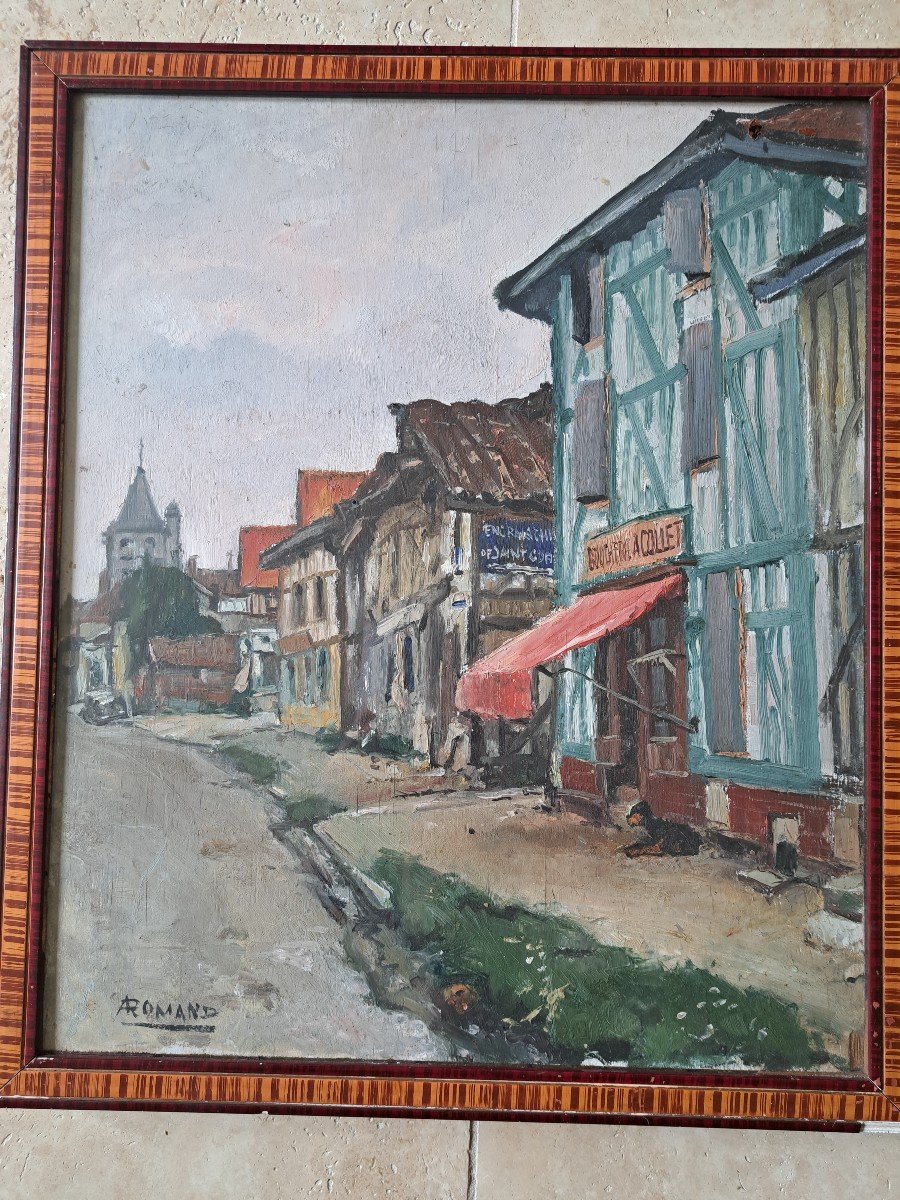 André Romand, View Of Village, Oil On Panel, 20th Century. -photo-3