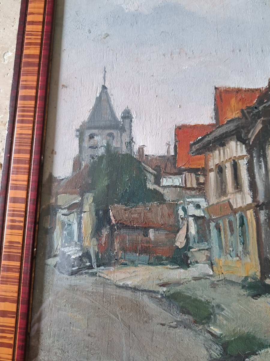 André Romand, View Of Village, Oil On Panel, 20th Century. -photo-1