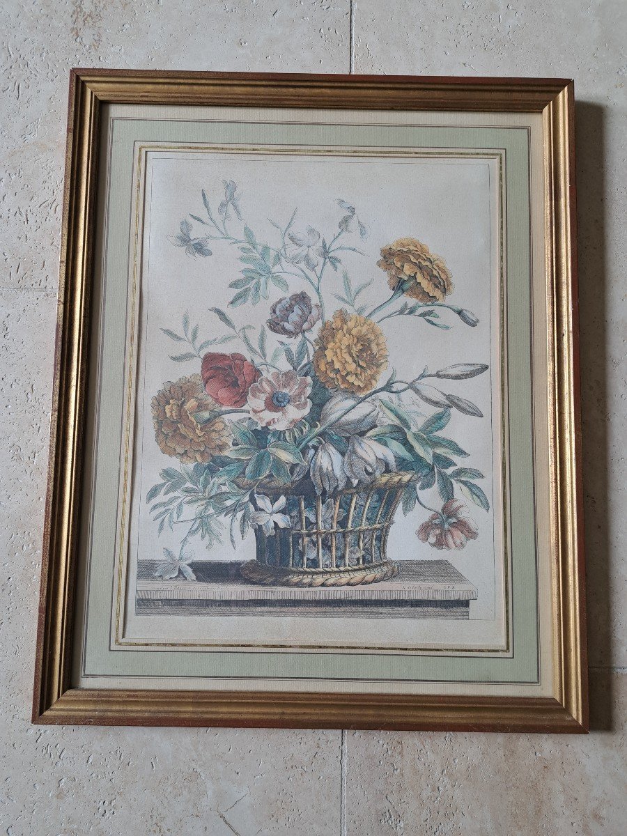 Nicolas De Poilly, Basket Of Flowers, Engraving, By Batiste, 18th/19th Century.-photo-2