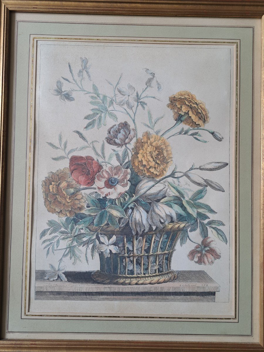 Nicolas De Poilly, Basket Of Flowers, Engraving, By Batiste, 18th/19th Century.-photo-2