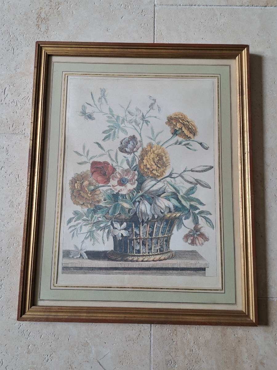 Nicolas De Poilly, Basket Of Flowers, Engraving, By Batiste, 18th/19th Century.