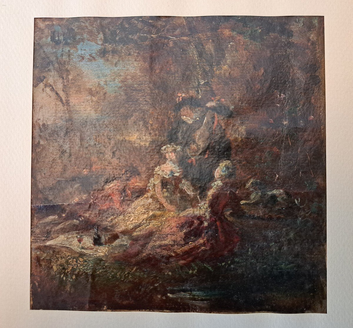 After Adolphe Monticelli, Characters In A Park, Oil On Paper, 19th Century. -photo-1