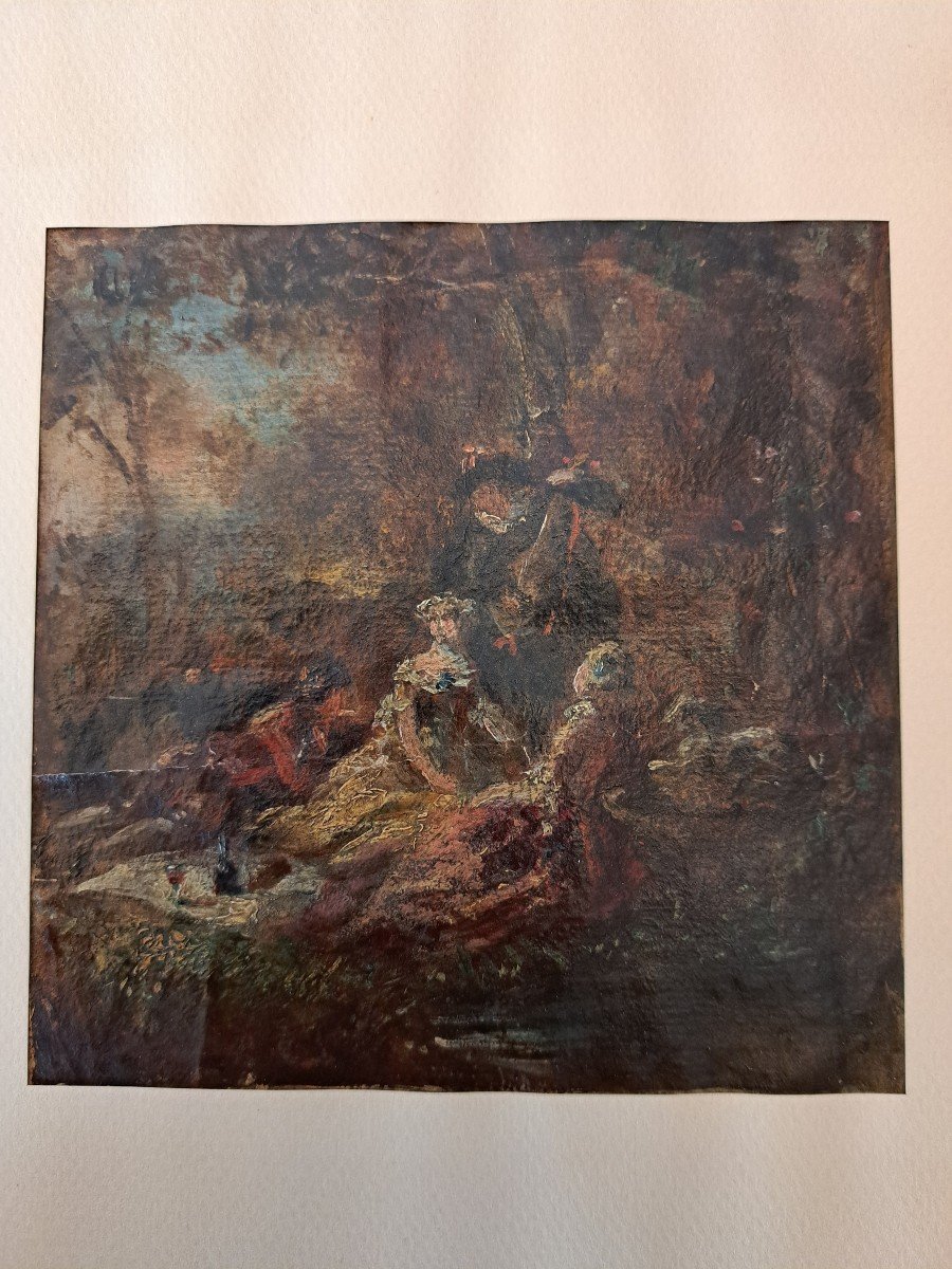 After Adolphe Monticelli, Characters In A Park, Oil On Paper, 19th Century. -photo-4