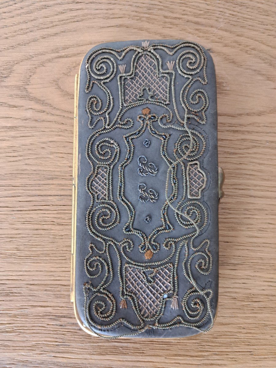 Etui à Cigares , Cuir Brodé , XIX°. -photo-2