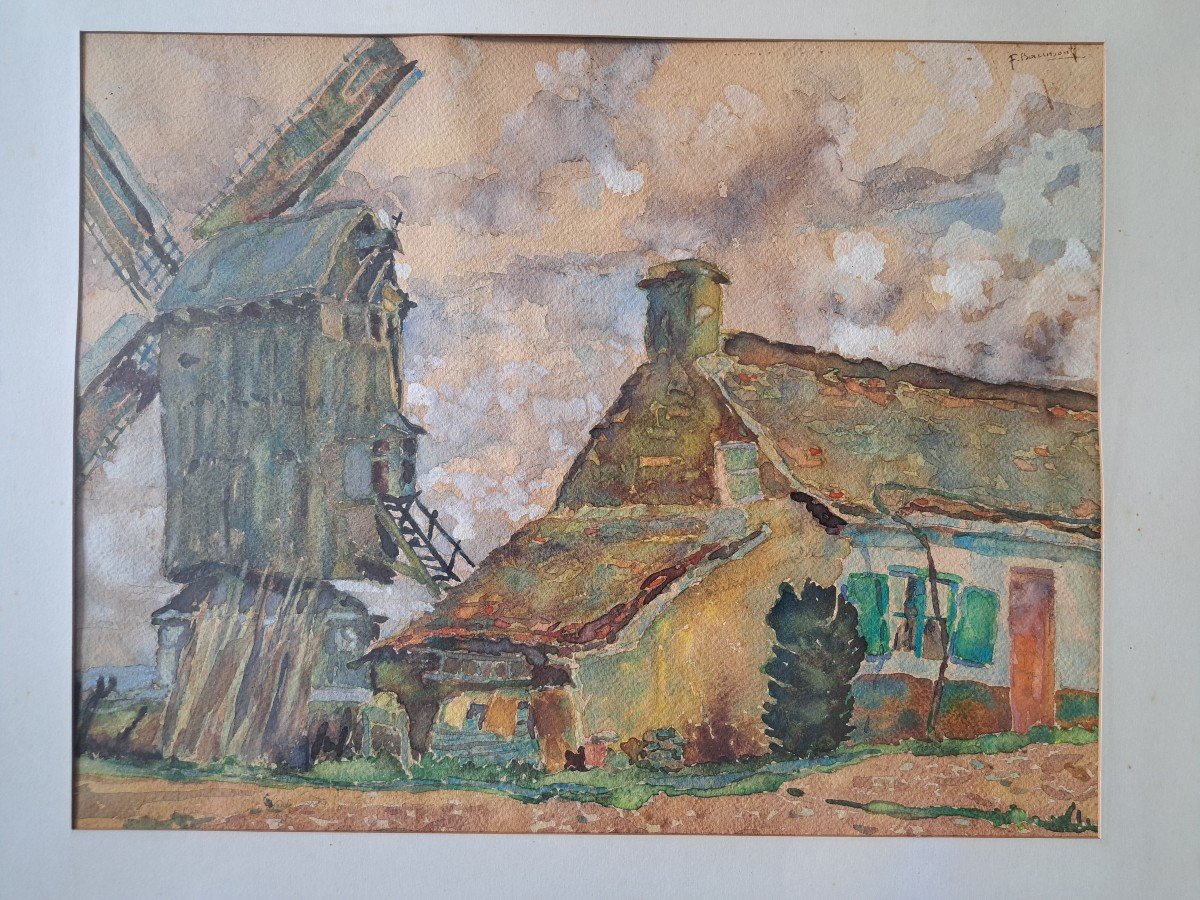 Ferme Et Moulin , Aquarelle , F.Baumont. Fin XIX°. -photo-4