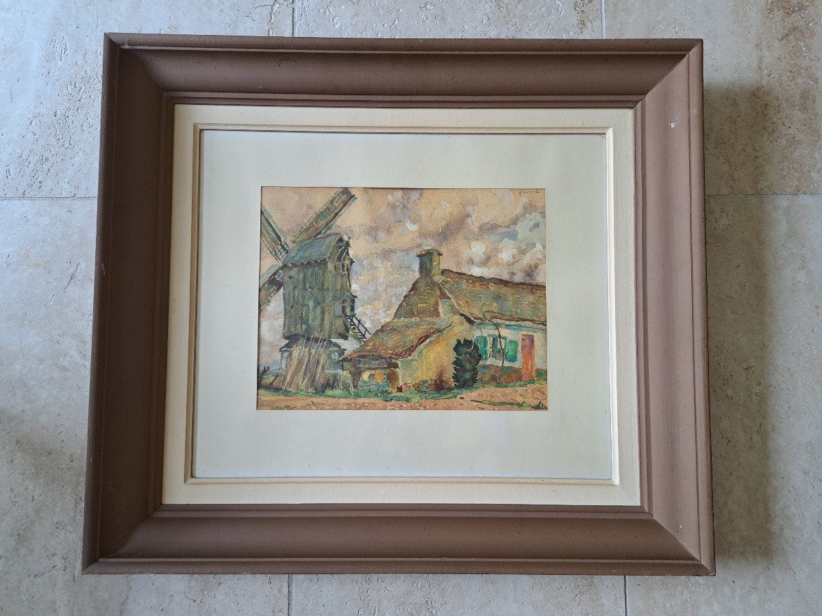 Ferme Et Moulin , Aquarelle , F.Baumont. Fin XIX°. 