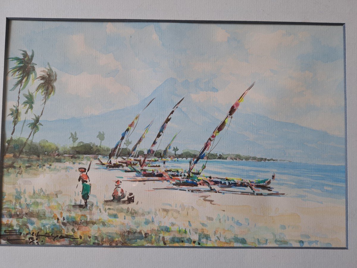 Exotic Seaside, Signed Watercolor, 20th Century. -photo-3