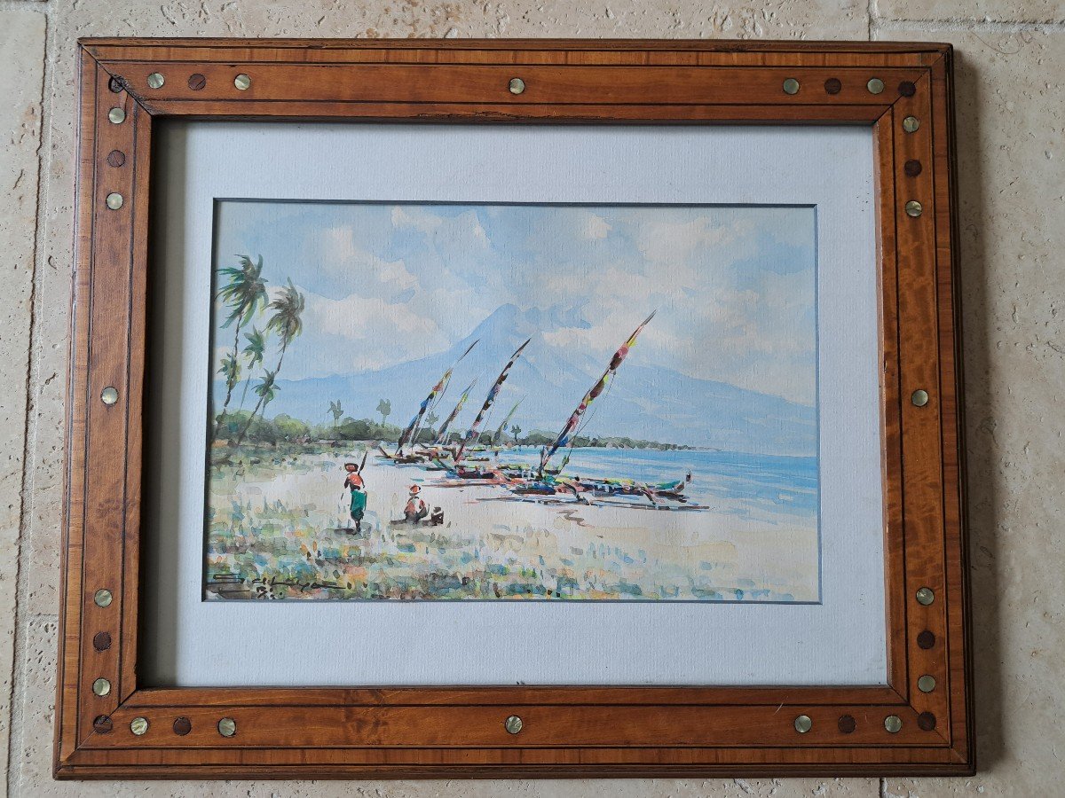 Exotic Seaside, Signed Watercolor, 20th Century. -photo-3