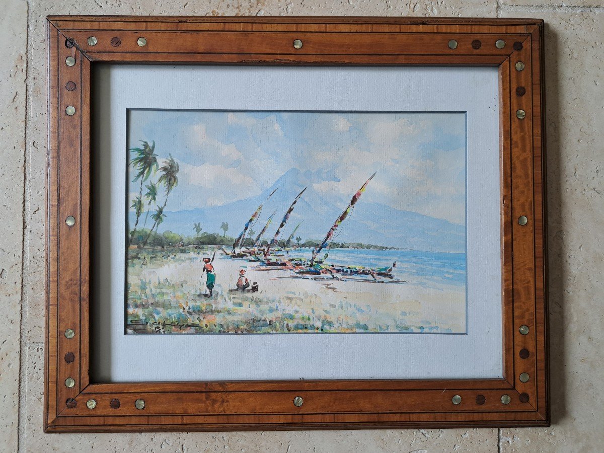 Exotic Seaside, Signed Watercolor, 20th Century. 