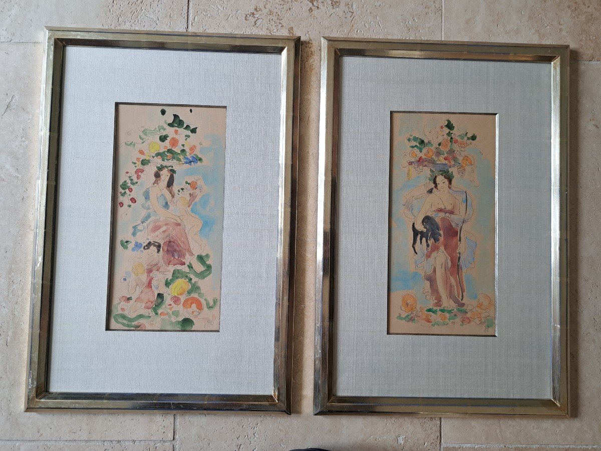 Allégories , Paire d'Aquarelles , Monogramme Jr , XX°. -photo-2