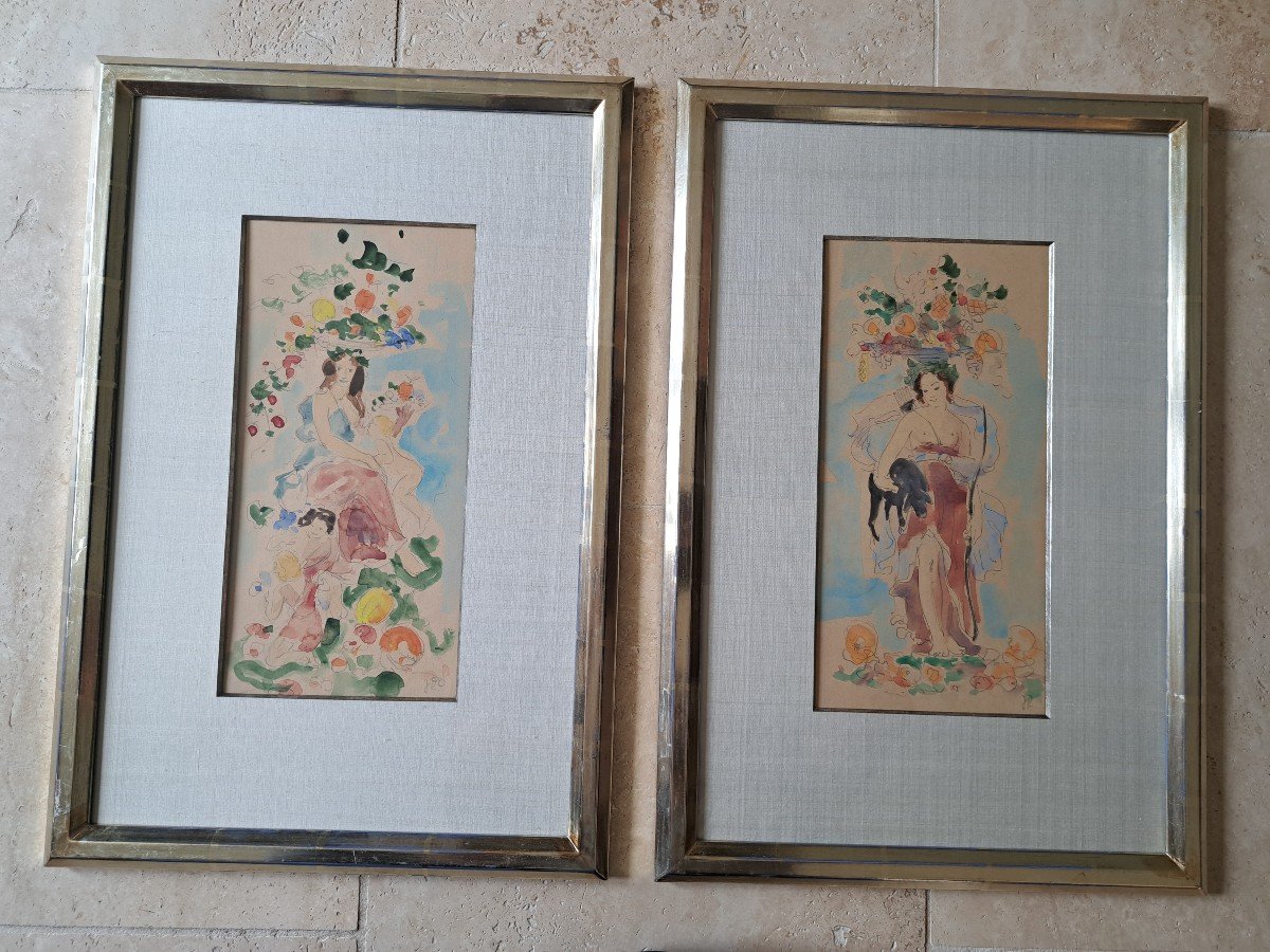 Allégories , Paire d'Aquarelles , Monogramme Jr , XX°. -photo-3