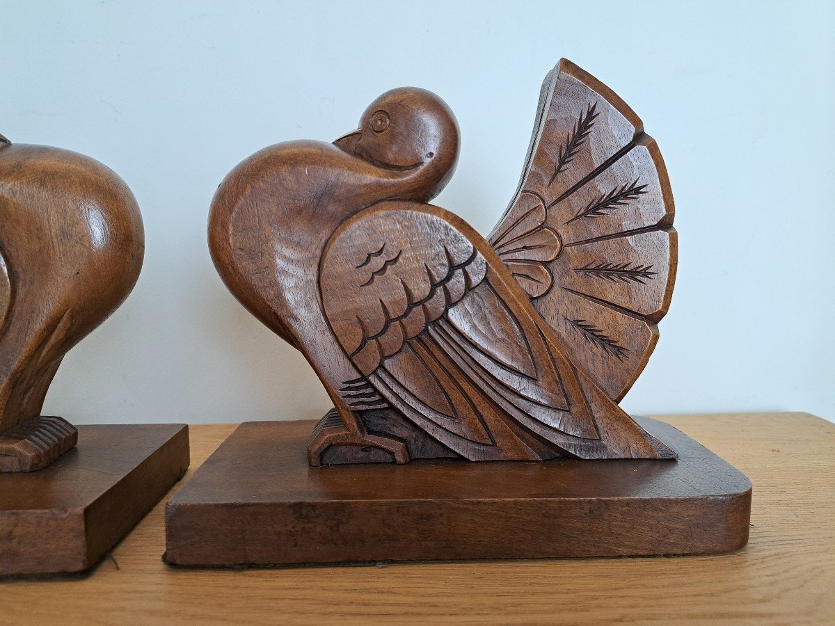 Couple De Pigeons , Paire De Serre-Livres , Bois , Art Déco , XX°. -photo-2