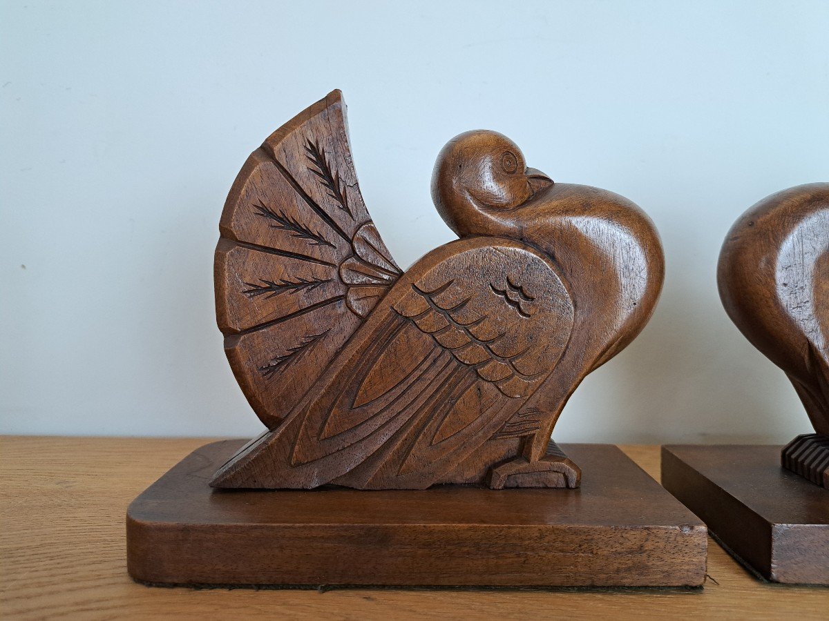 Couple De Pigeons , Paire De Serre-Livres , Bois , Art Déco , XX°. -photo-3