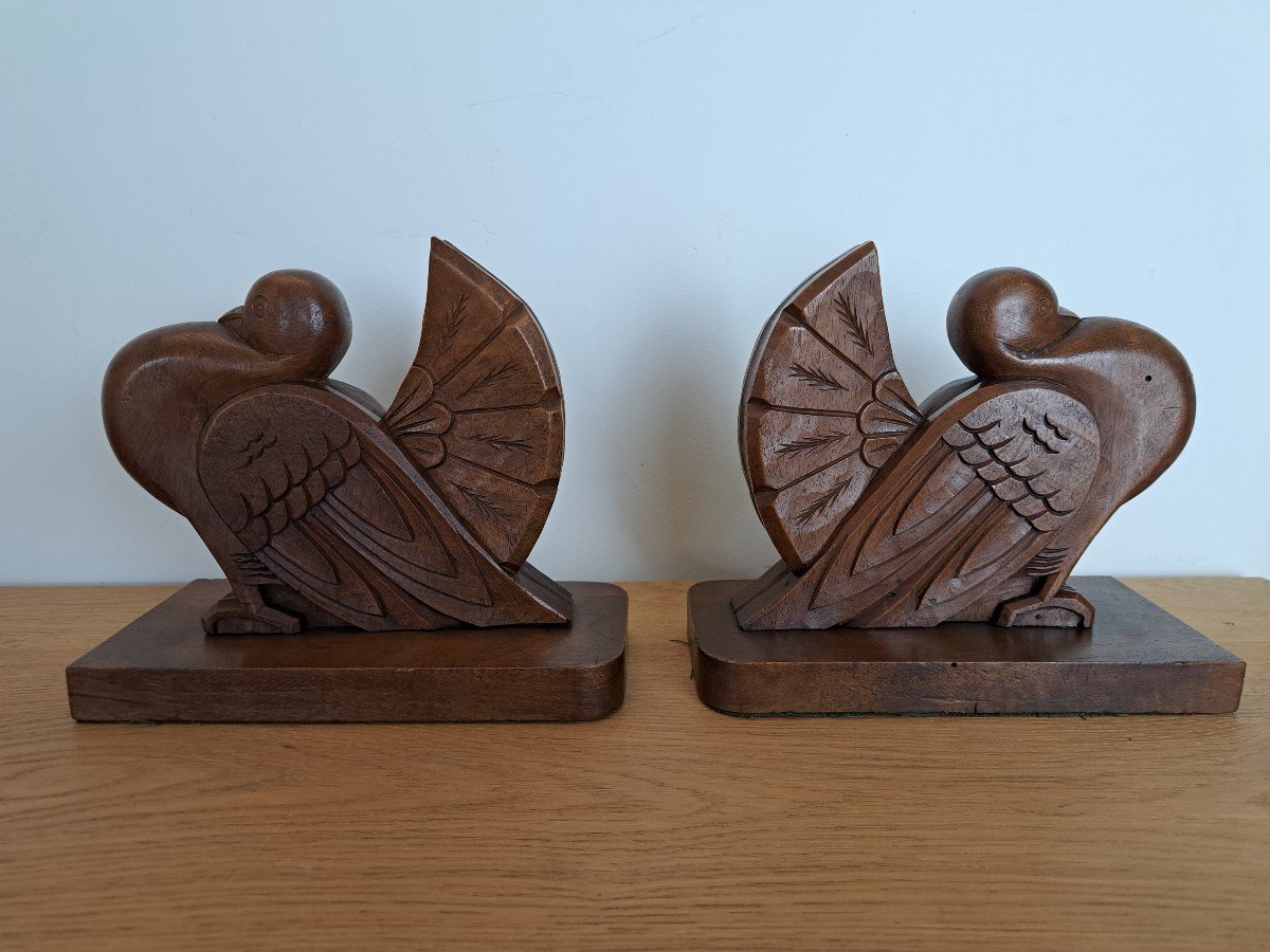Couple De Pigeons , Paire De Serre-Livres , Bois , Art Déco , XX°. -photo-4