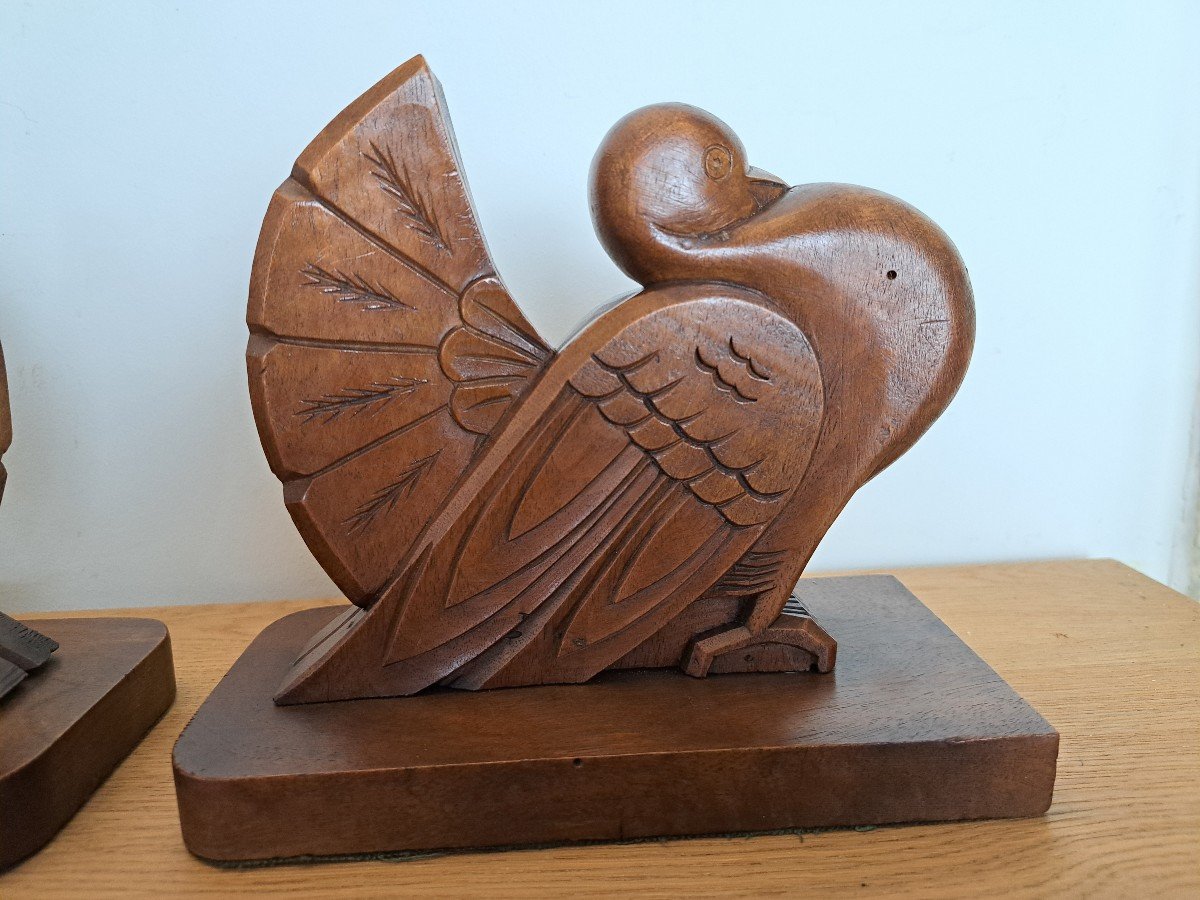 Couple De Pigeons , Paire De Serre-Livres , Bois , Art Déco , XX°. -photo-1