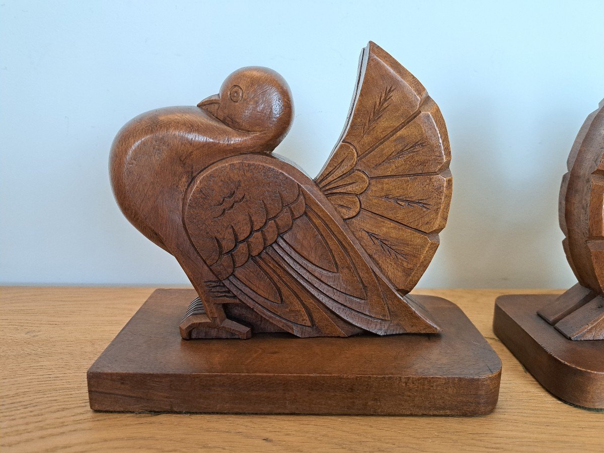 Couple De Pigeons , Paire De Serre-Livres , Bois , Art Déco , XX°. -photo-2