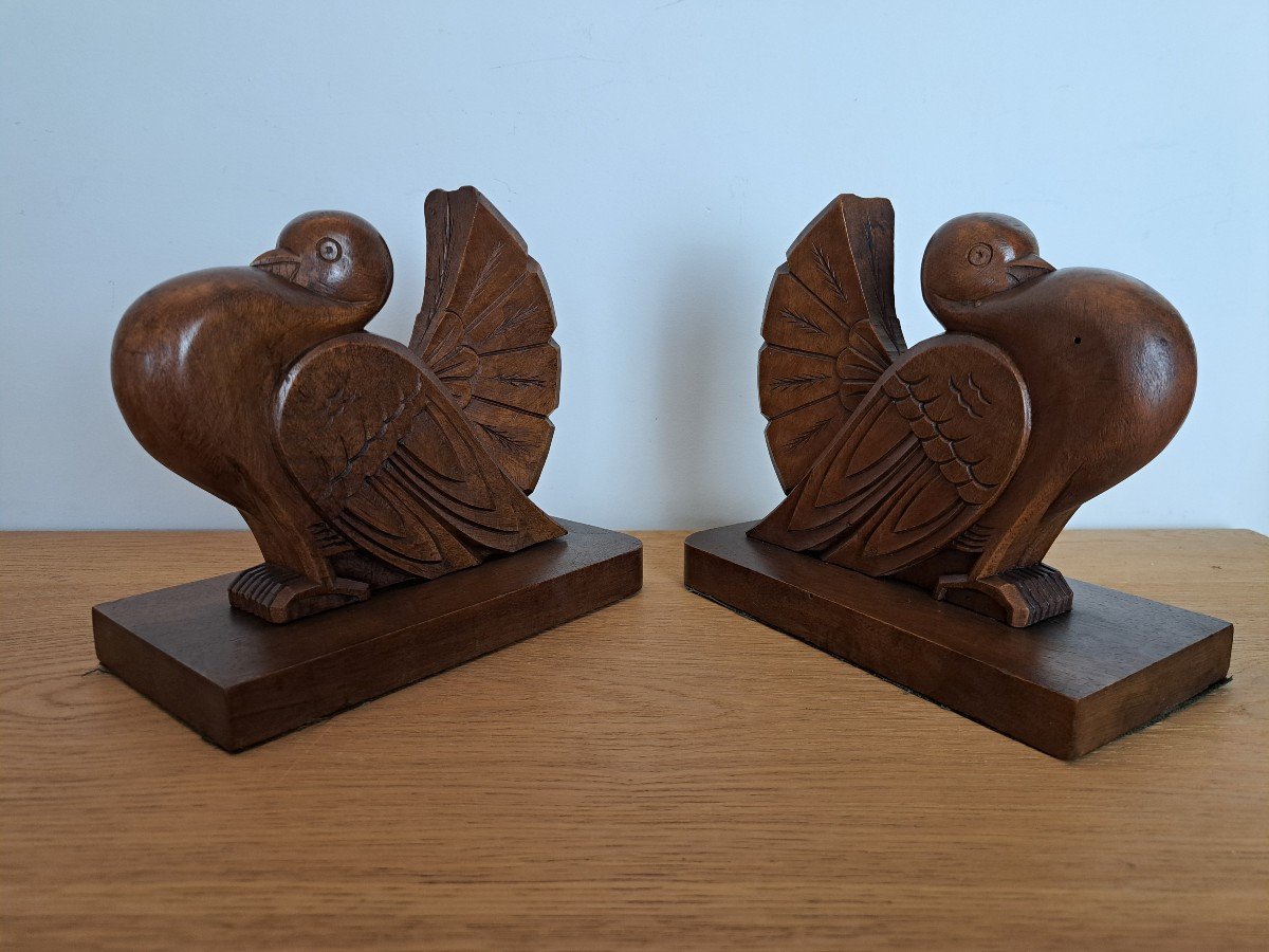 Couple De Pigeons , Paire De Serre-Livres , Bois , Art Déco , XX°. -photo-3