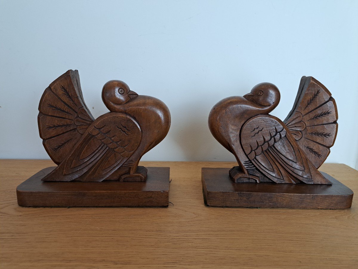 Couple De Pigeons , Paire De Serre-Livres , Bois , Art Déco , XX°. -photo-7