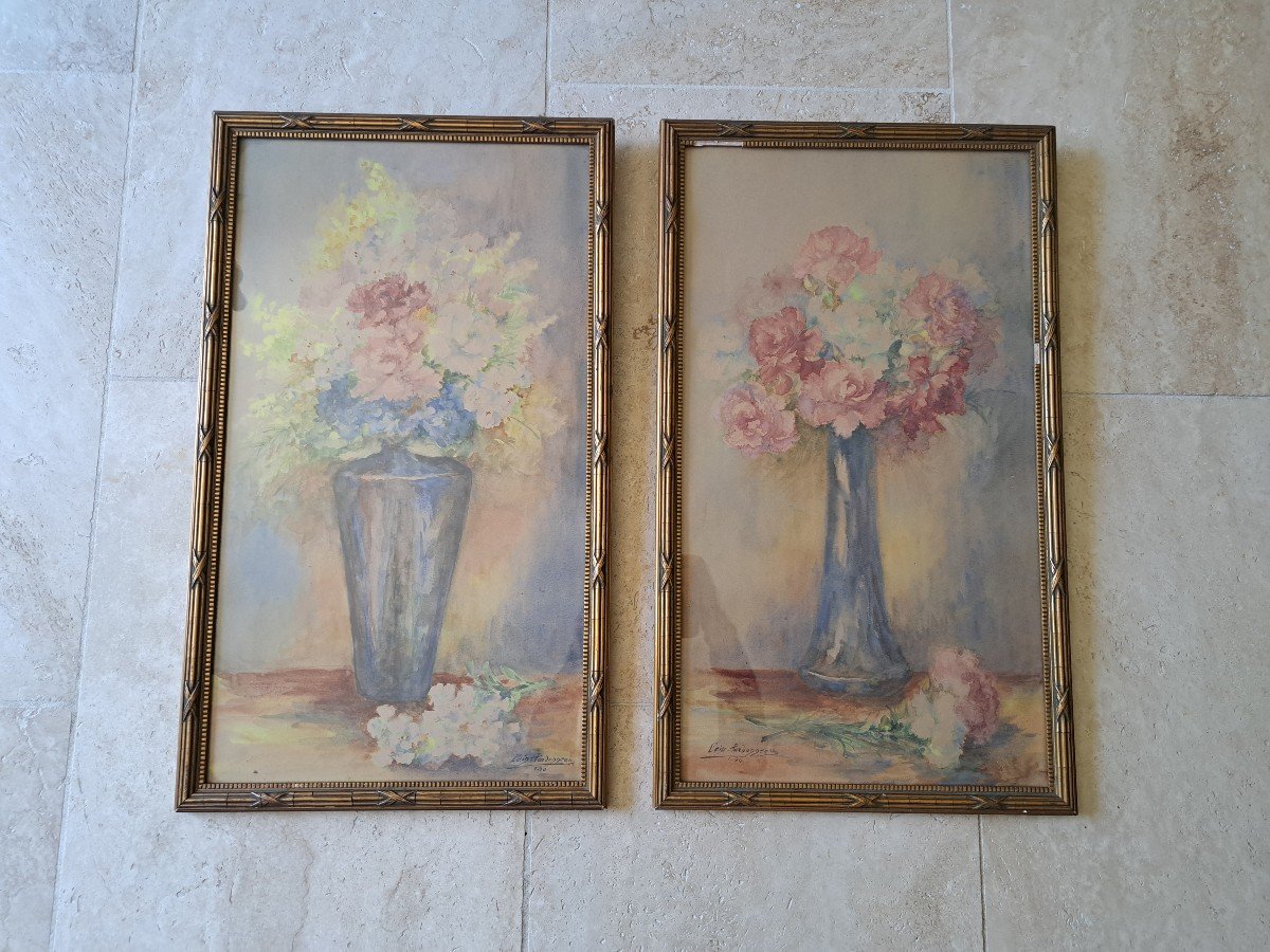 Bouquets De Fleurs , Paire d'Aquarelles Par Pardonneau , Début XX°. -photo-2