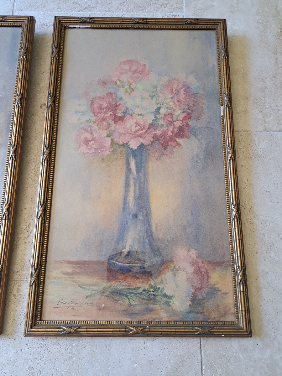 Bouquets De Fleurs , Paire d'Aquarelles Par Pardonneau , Début XX°. -photo-3