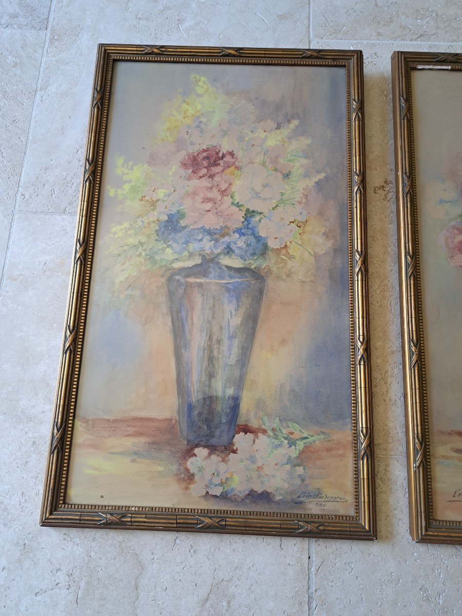 Bouquets De Fleurs , Paire d'Aquarelles Par Pardonneau , Début XX°. -photo-4