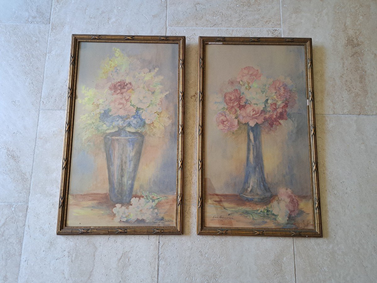 Bouquets De Fleurs , Paire d'Aquarelles Par Pardonneau , Début XX°. 