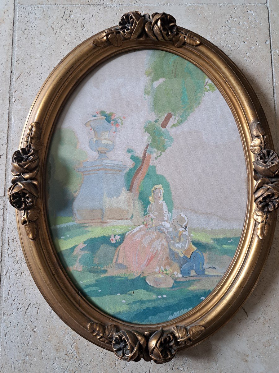 Rendez Vous Galant, Gouache, Early 20th Century. -photo-2