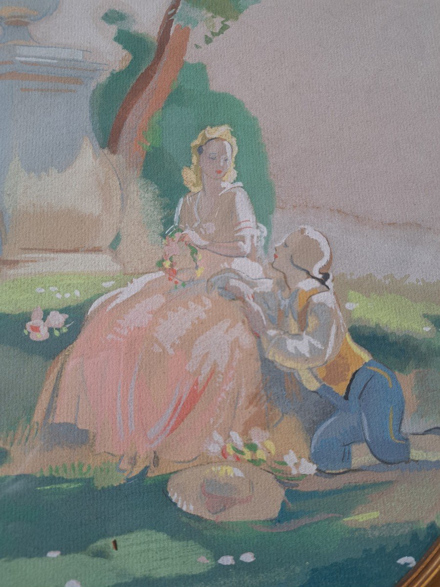 Rendez Vous Galant, Gouache, Early 20th Century. -photo-3