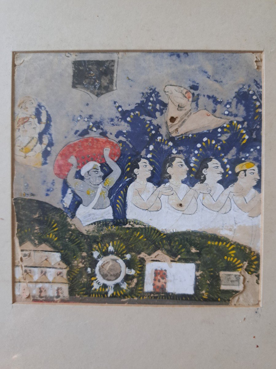 Miniature Indienne , Découverte De l'Image De Sri Nathji , Pigments Sur Papier , XVIII°/xix°. -photo-3