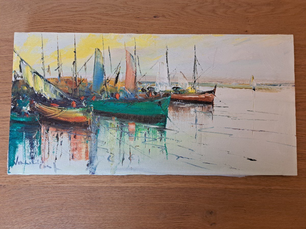 Sailboats At Quay, Marine, Oil On Canvas, 20th Century. -photo-3