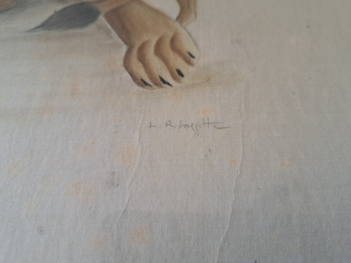 La Roche Laffitte, Lioness And Lion Cubs, Watercolor, 20th Century. -photo-2