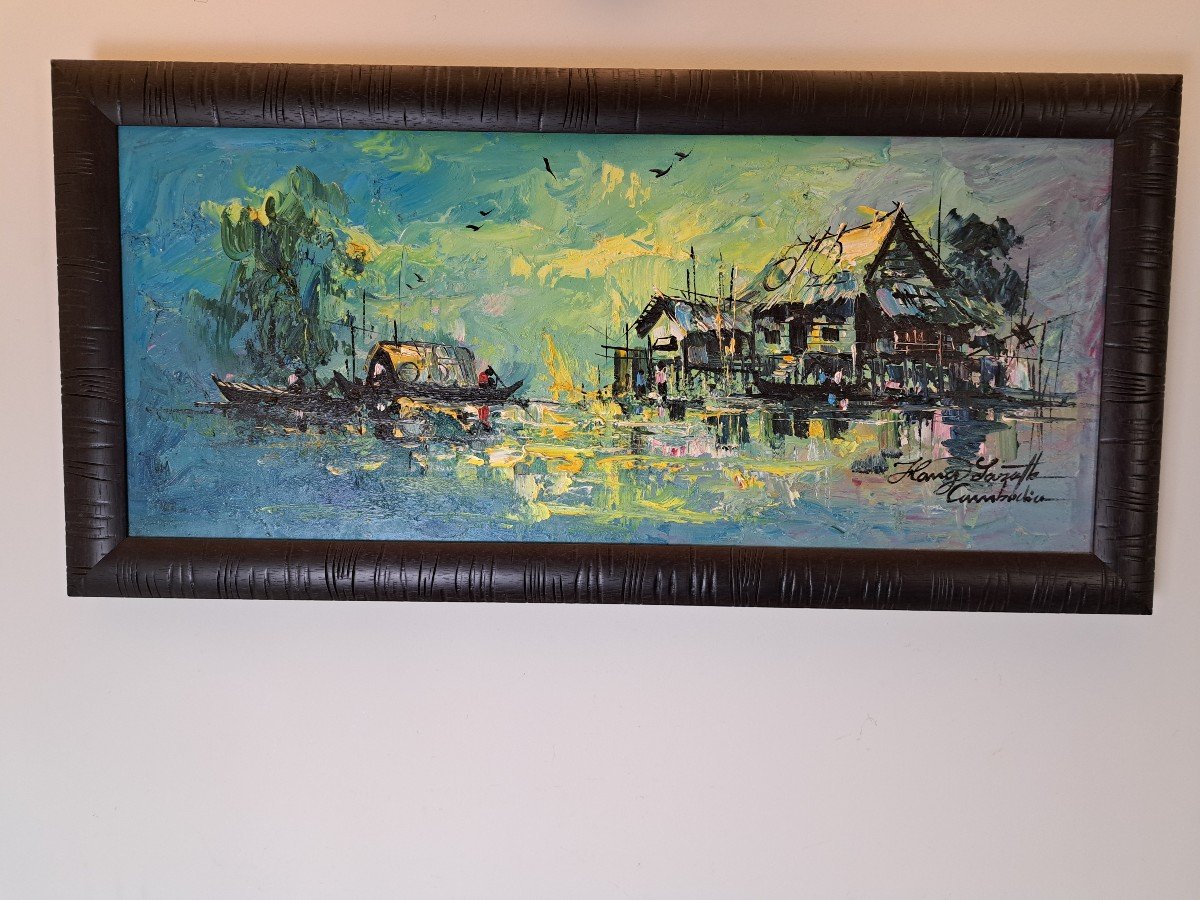 Hang Sarath , Maisons Sur Piloti Et Barques , Huile Sur Toile , XX°. -photo-2