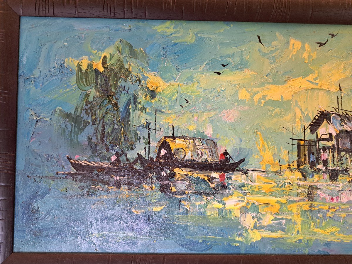 Hang Sarath , Maisons Sur Piloti Et Barques , Huile Sur Toile , XX°. -photo-1