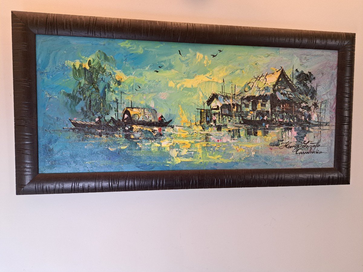 Hang Sarath , Maisons Sur Piloti Et Barques , Huile Sur Toile , XX°. -photo-2
