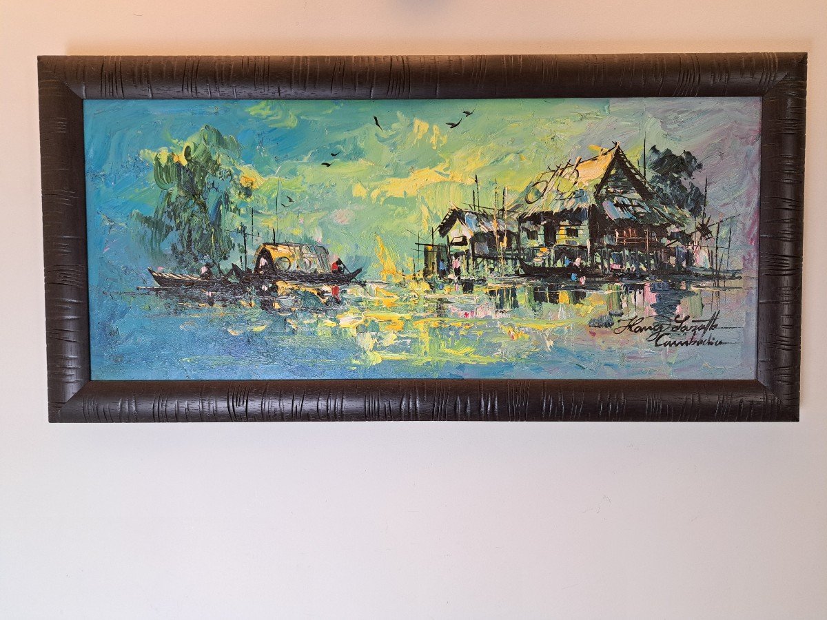 Hang Sarath , Maisons Sur Piloti Et Barques , Huile Sur Toile , XX°. -photo-3