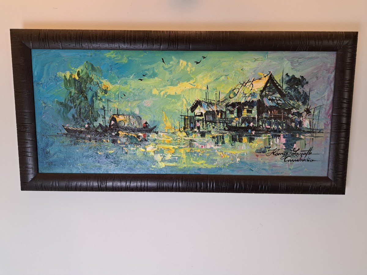 Hang Sarath , Maisons Sur Piloti Et Barques , Huile Sur Toile , XX°. 
