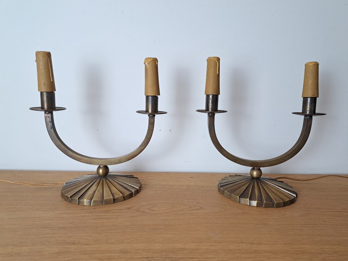 Paire De Lampes , Moderniste , Bronze , Art Déco , XX°. -photo-2