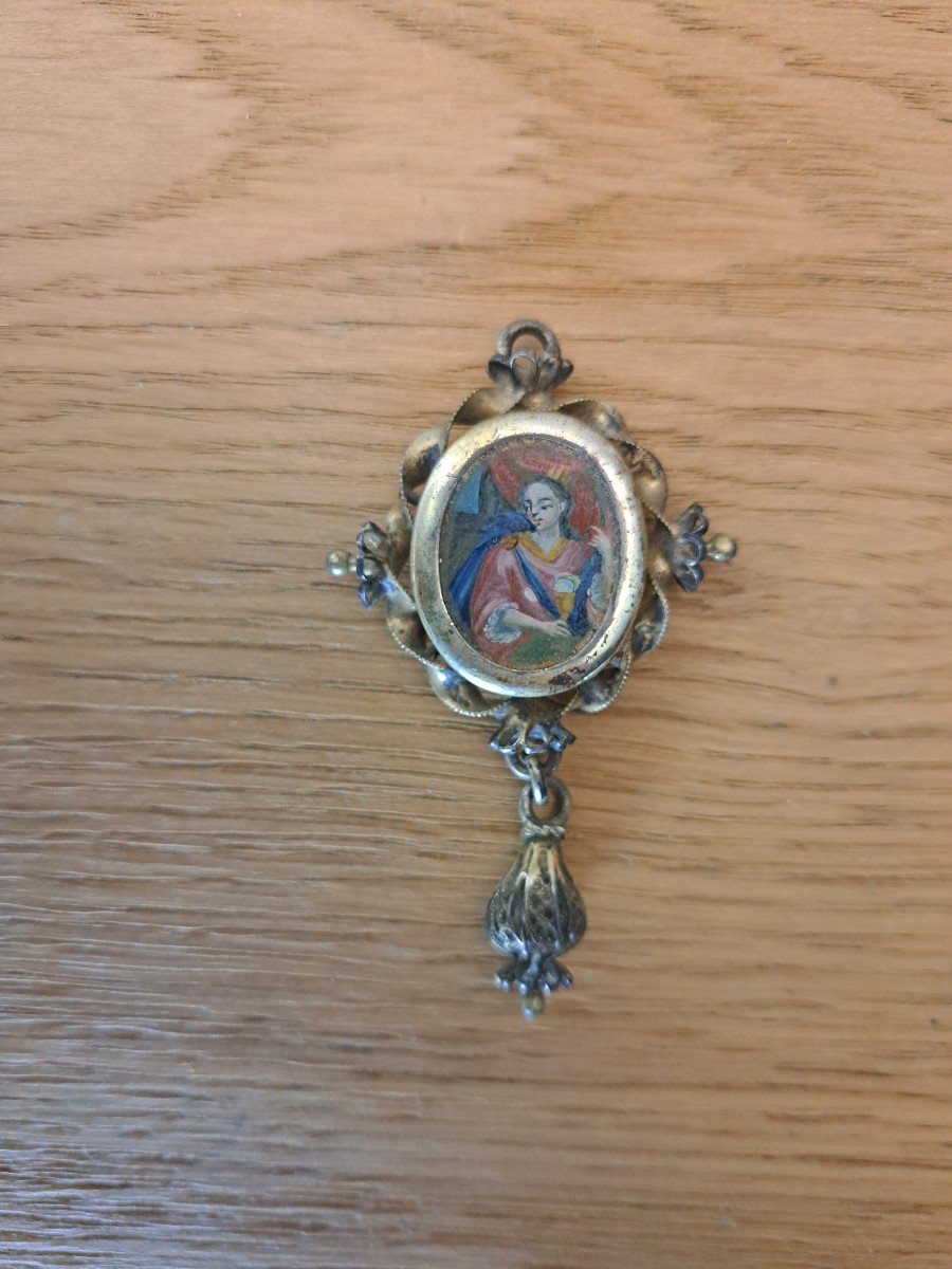 Pendentif Reliquaire , Sainte Odile , Métal Doré , Fin XVIIIe Siècle . -photo-1