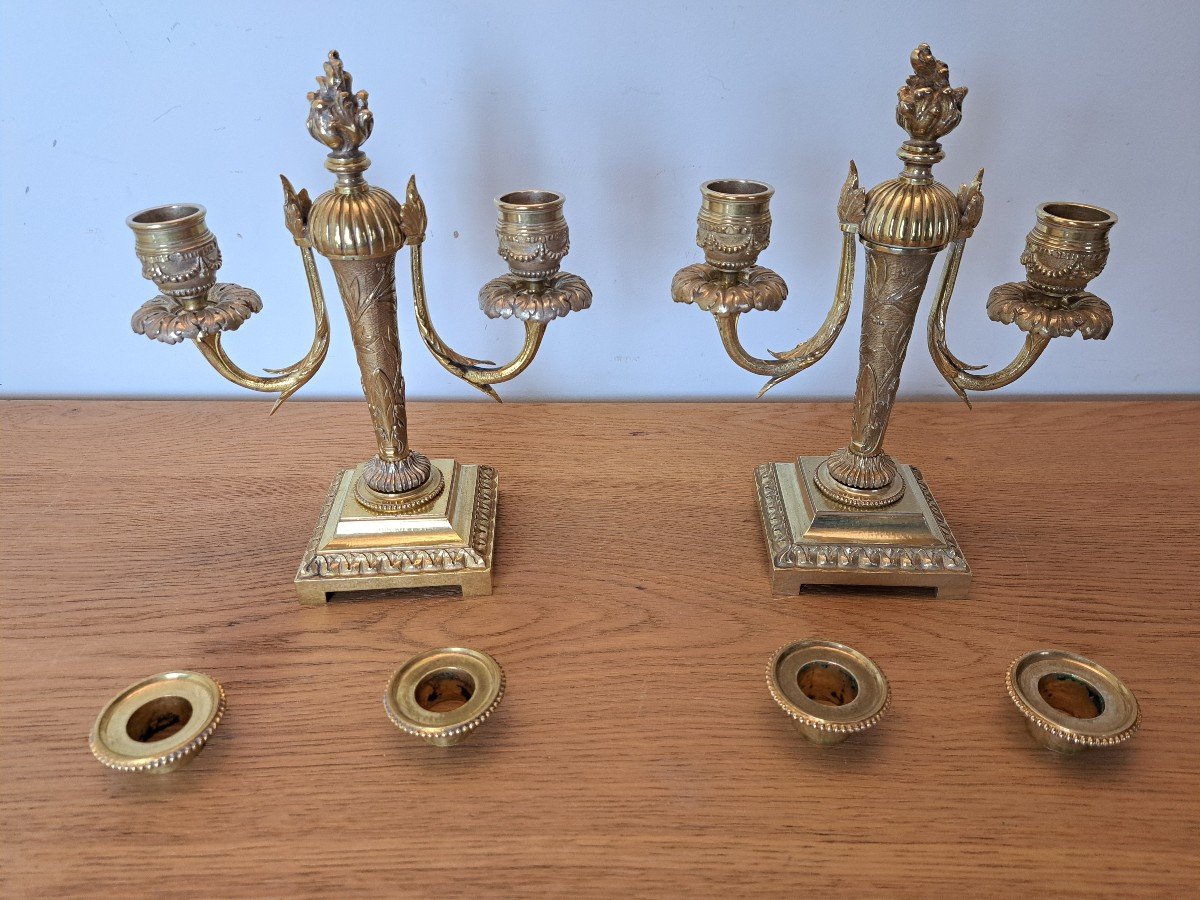 Paire De Candélabres , Bronze Doré , Louis XVI , Fin XIX°. -photo-5