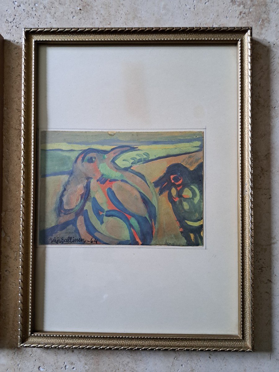 Seija Tuulikki Sallinen , Visages Et Animaux Fantastiques , Gouaches Aquarellée , 1964. -photo-2
