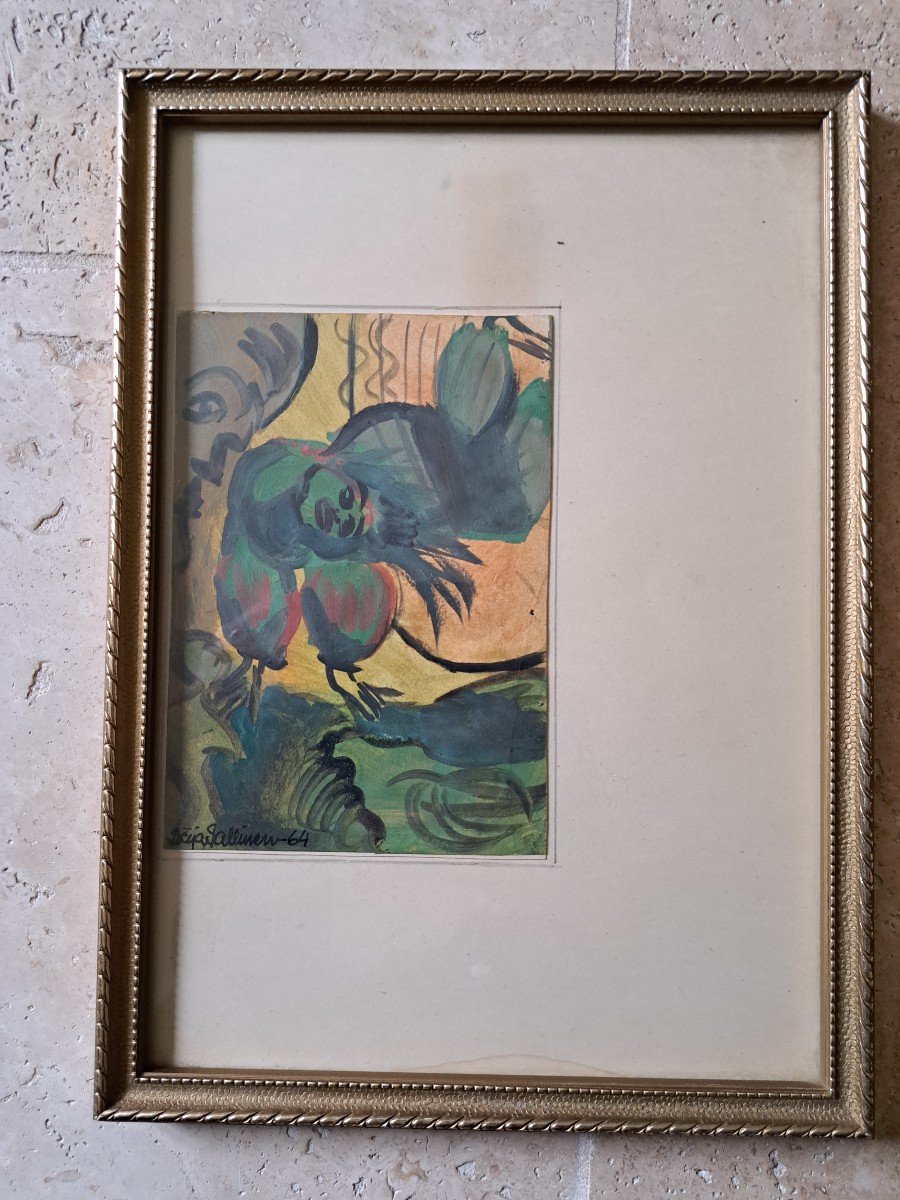 Seija Tuulikki Sallinen , Visages Et Animaux Fantastiques , Gouaches Aquarellée , 1964. -photo-3