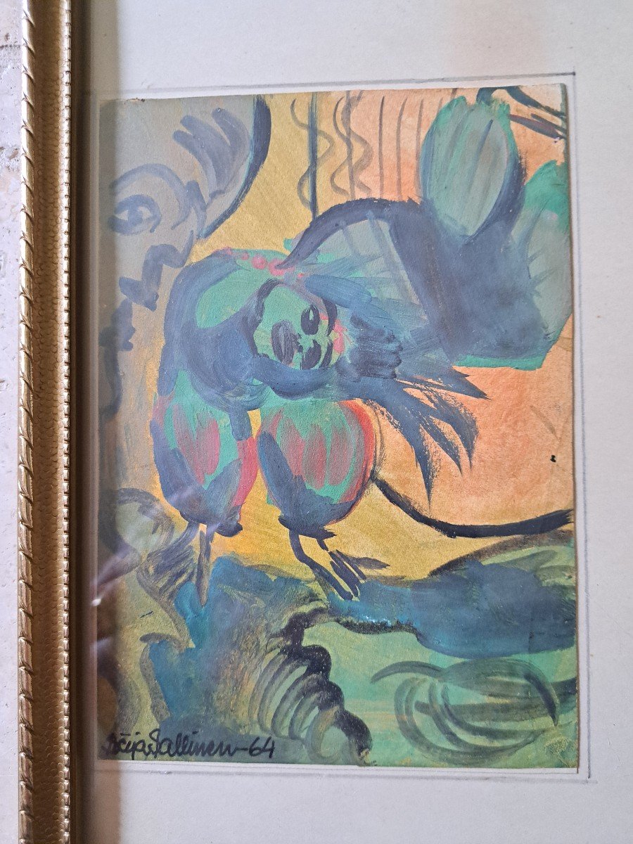 Seija Tuulikki Sallinen , Visages Et Animaux Fantastiques , Gouaches Aquarellée , 1964. -photo-1