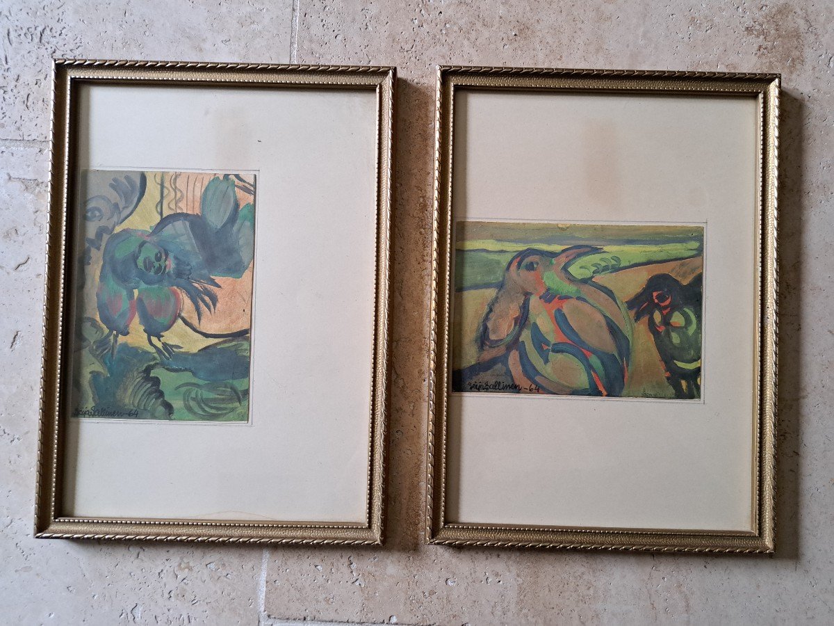 Seija Tuulikki Sallinen , Visages Et Animaux Fantastiques , Gouaches Aquarellée , 1964. 