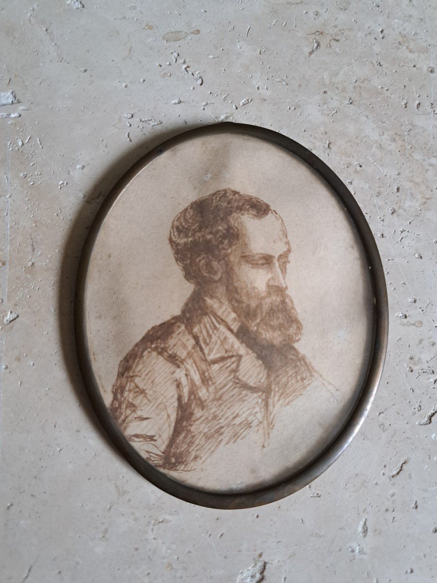 Young Bearded Man, Pen Drawing, 19th Century. -photo-3