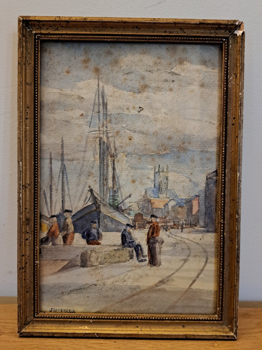 Jean Laperdrix , Voiliers à Quai , Fécamp , Aquarelle , XX°. -photo-2